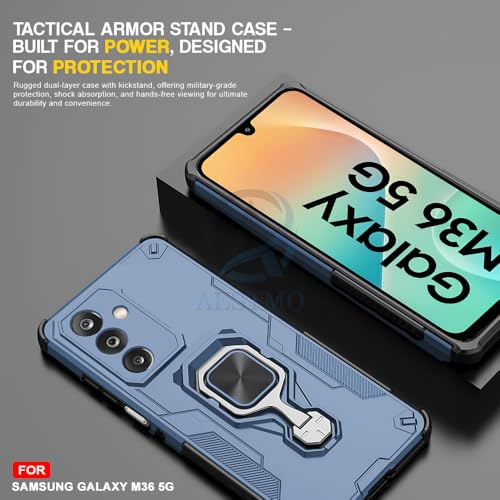 Image of AESTMO Armor Back Cover for Samsung Galaxy M36 5G / F36 5G | Ring Holder & Kickstand & Camera Protection in-Built | 360 Degree Protection Back Case Cover (Blue)