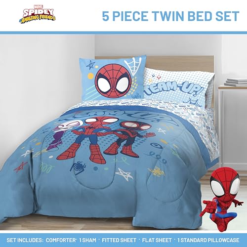 Image of Marvel Spidey and Friends Twin Comforter Set 5 Piece Kids Bedding, Blue | Ghost-Spider, Bed in a Bag, Comforter Sheets Sham Pillowcase, Official Product, Soft Microfiber, Machine Washable, Kids Gift