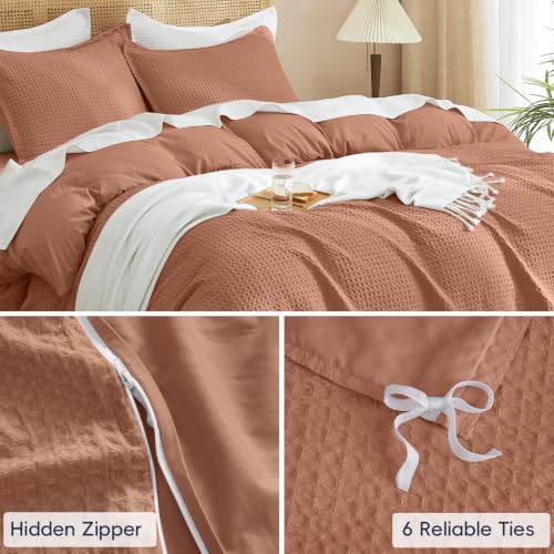 Image of PHF Waffle Duvet Cover Set Twin XL Size, Back to School College Dorm Bedding, Ultra Soft Breathable Comforter Cover for All Season, Dorm Room Essentials Set with 1 Pillow Sham,68 inch x 90 inch, Terra Cotta