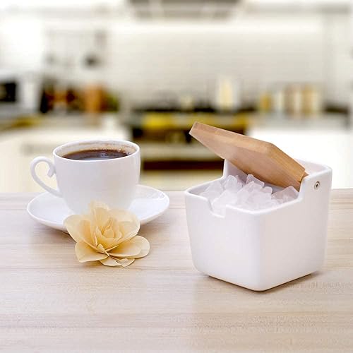 Miniatura 32 de Azucarero de cerámica con tapas de bambú y bandeja para servir cucharas, recipiente de azúcar de porcelana para azúcar, té, café, especias