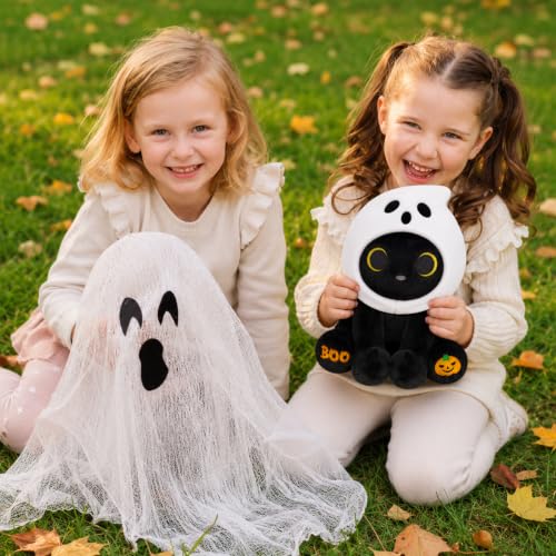 Image of Halloween Cat Stuffed Animal in Spooky Ghost Hood | 8inch Halloween Stuffed AnimalGhost Plushie with BOO & Pumpkin Paw, Halloween Basket Stuffers Gifts