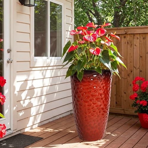 Worth Garden 14" Dia x 24" H Large Plastic Planters with Drainage Hole, Set of 2 Hammered Texture Red Glossy Smooth Finish, Tall Taper Round Decorative Flower Plant Pot for Indoor Outdoor, Front Porch - Image 7