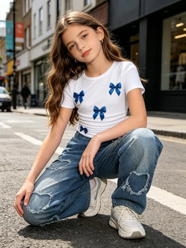 Image of Size 7-14 Years Girls 2 Piece Outfits Bow Short-Sleeved Top and Jeans Pants Clothing Set