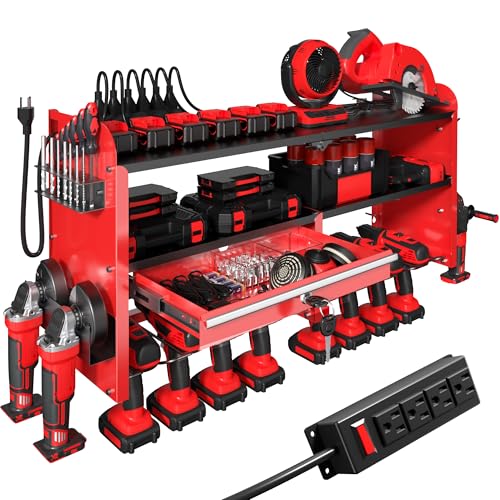 KSVO Power Tool Organizer Wall Mount with Drill Rack, Grinder Holder, Hammer & Pliers Rack, Locking Drawers, 6-Outlet Charging Shelf – Heavy Duty Metal Tool Storage for Garage, Workshop (Red)