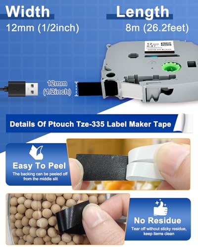 Lot de 4 rubans TZe-335 12mm pour Brother P-Touch PTD210