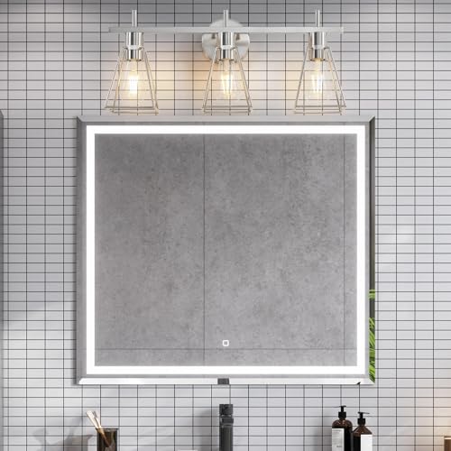 Image of Industrial Bathroom Vanity Lights: 3-Lights Silver Brushed Nickel Vintage Metal Cage Wall Lamp - Rustic Farmhouse Light Fixture Over Mirrors Cabinet for Bath Hallway