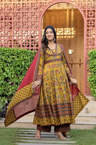 Image of Pistaa's Women's Pure Cotton Anarkali Floral Printed Kurta with Palazzo & Dupatta Set