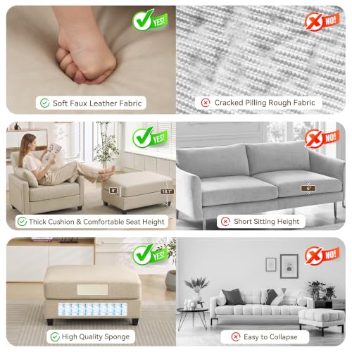 Image of 58 inch Oversized Faux Leather Chaise Lounge Chair Indoor, Mid Century Modern Accent Chair with Ottoman, Deep Seat Comfy Reading Chair with Side Pocket, Single Sofa Armchair for Living Room Bedroom,Beige