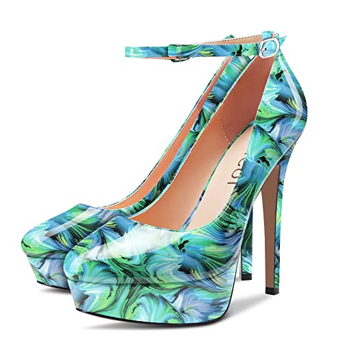 Aachcol Women Platform Pumps Close Round Toe Ankle Strap Slip-on Stiletto High Heel Dress Shoes Pumps Party Wedding Patent 5 Inch4