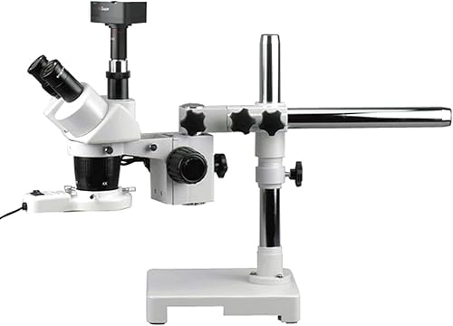 AmScope SW-3T24-FRL-5MT Digital Trinocular Stereo Microscope, WH10x Eyepieces, 20X/40X Magnification, 2X/4X Objective, Single-Arm Boom Stand, 8W