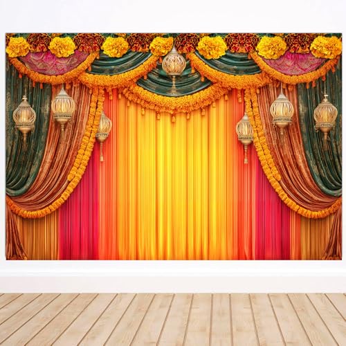 Image of India Pooja Backdrop, Puja Ganpati Pooja Traditional Mehndi Festival Party Decorations, Diwali India Wedding India Ceremony Bridal Shower Photography Background Wall Decor Props Banner 7X5FT