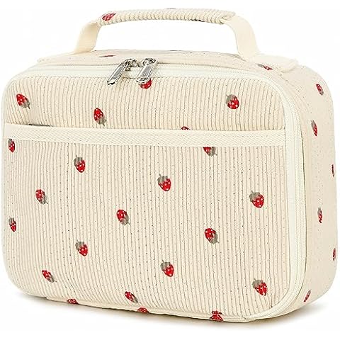 Bluboon Corduroy Insulated Lunch Bag for Girls - Strawberry Beige School Lunch Tote with Cooler Compartment Cover