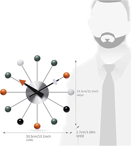 Miniatura 5 de Reloj de pared moderno de mediados de siglo con bola multicolor, silencioso, sin tictac, funciona con pilas, relojes de 13 pulgadas para sala de