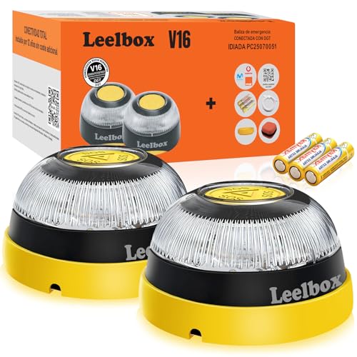 GOINGSKY 2PCS Baliza V16 Homologada DGT con Geolocalizador, Luz Emergencia Coche Homologado DGT 3.0, Máxima Cobertura Nacional, Datos Incluidos hasta 2038, Base Imantada