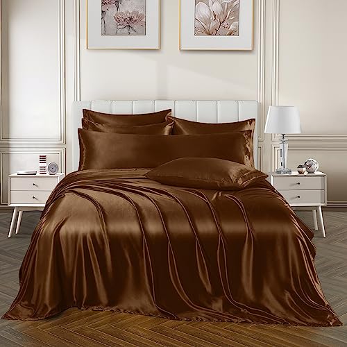 Image of Ersmak 7 Pieces Satin Sheets Set Queen Size, Luxury Silky Brown Satin Bed Sheets Set with 1 Deep Pocket Fitted Sheet, 1 Soft Flat Sheet, 4 Queen Pillowcases and 1 Body Pillowcase