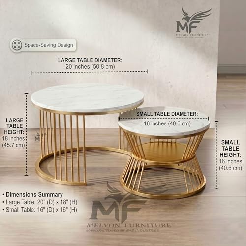 Image of MELVON Lightweight Nesting Coffee Table Set of 2, Golden Frame with White Marble Look Top, Two Tier Storage Round Center & Side Table for Living Room & Balcony