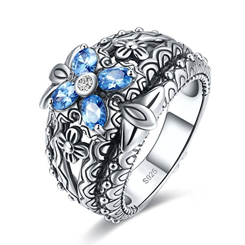 Merthus Black Oxidized Finished 925 Sterling Silver Vintage Boho Floral Band Ring for Women Size 7