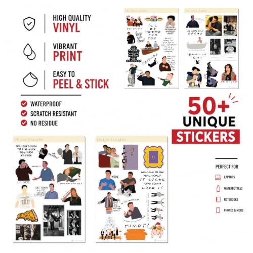 Image of Friends TV Show Stickers Pack - 4 Sheets Premium Laminated Vinyl Stickers, Waterproof, Reusable, No Residue - Laptop, Bottle, Phone & Scrapbook Stickers