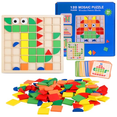 120PCS Mosaik Holzpuzzle, Montessori Spielzeug ab 3 4 5 6 Jahre, Tangram Kinder, Hölzerne Muster Blöcke Set mit 20 Designkarten, Geometrische Formen Holzpuzzles, Lernspielzeug Geschenk für Kinder
