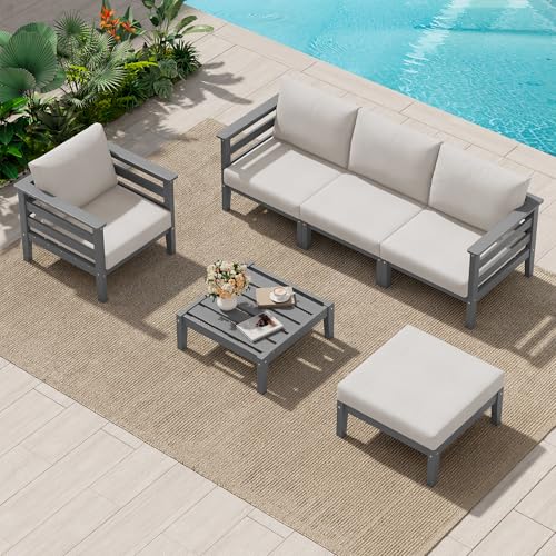 Image of SERWALL HDPE Patio Furniture Set, 6 Pieces Outdoor Sectional Sofa Set | All-Weather Wood-Like Outdoor Sofa Couch with Coffee Table, Modular Design for Flexible Combination