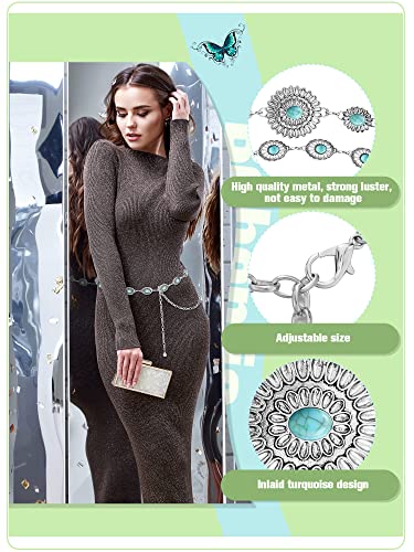 Epakh Concho Chain Belt for Women Western Silver Oval Turquoise Adjustable Metal Waist Belts Dress Jeans Country Concert(Classic Style,2 Pieces)4