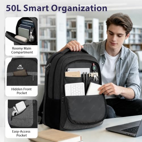 Image of MATEIN 17 inch Travel Laptop Backpack, Water Resistant TSA Flight Approved Carry on Backpack with USB Port Black