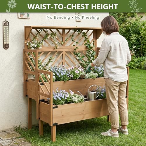 Image of ketive 2 Tier Raised Garden Bed with Trellis & Top Shelf, Elevated Wooden Planter Box for Vegetables Flowers Herbs, Outdoor Vertical Gardening Planter for Backyard Patio Balcony