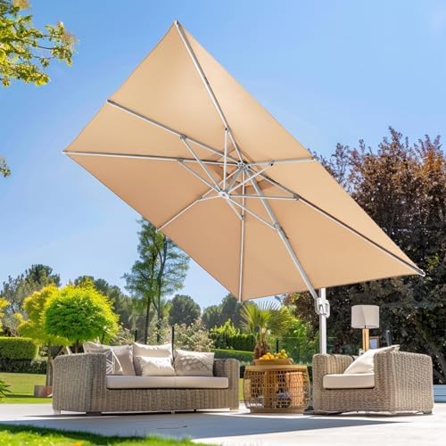 wikiwiki 10x13 FT Rectangular Cantilever Patio Umbrella, Offset Umbrella Outdoor Patio with 360° Rotation and Unlimited Tilting System, Heavy Duty Umbrella with Cross Base, Beige