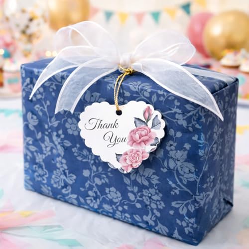 Image of CVANU Heart Shaped Thank You Tags 150-Pcs with Golden String, Floral Design Gift Tags for Wedding Favors| Birthday Party| Small Business Packaging (2.16x2.36 inch) D4
