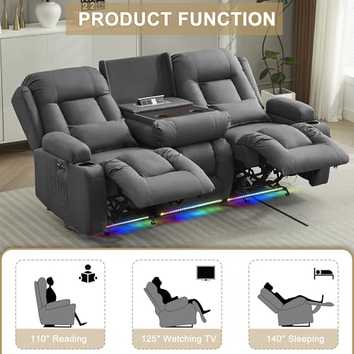 Image of URRED Power Loveseat Recliner Sofa with Massage and Heat, Wall Hugger Reclining Loveseat with Console, RV Couch Home Theater Seating with LED Lights for Living Room (Gray, 76.8 inch - 3 Seats)