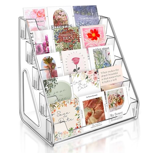 Tall 5-Tier Acrylic Card Display Stand for Greeting Cards Sports Cards Postcards Stickers & Brochures Easy Snap-On Sticker Display Rack