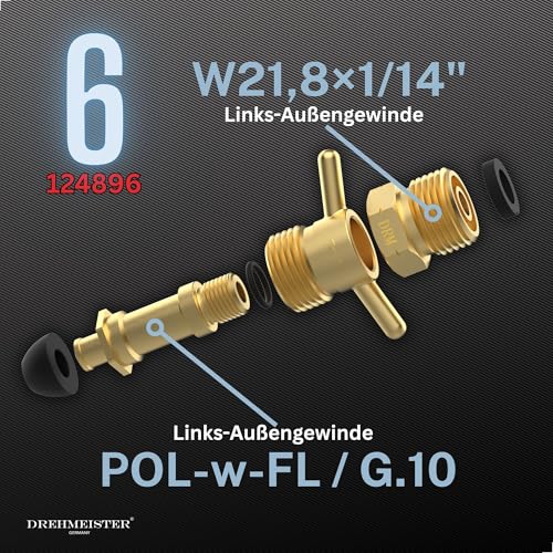 Entnahme Adapter Nr.6 – G.10 (POL-w-FL) auf G.12 (W 21,8 x 1/14\ LH) für Gasflaschen in Schweden und Norwegen – Anschluss deutscher Druckregler und Schläuche