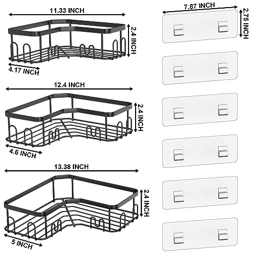 Menbyci 3 Pack Corner Shower Caddy, Stainless Steel Corner Shower Shelf with 18 Hooks, Adhesive Shower Shelves Shower Organizer Corner for Bathroom Storage (Black) - Image 3
