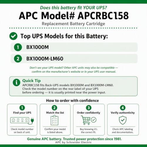 APC Genuine UPS Replacement Battery APCRBC158 for Back-UPS Model BX1000M | Genuine APC replacement battery for Back-UPS Pro model BX1000M. Restores UPS runtime. Factory-tested. 2-year warranty - image 3
