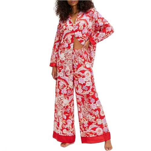 Image of Women Satin Pajama Set Floral Silk Pajamas 2 Piece Lounge Sets Button Down Shirts Wide Leg Pants Pjs Sleepwear