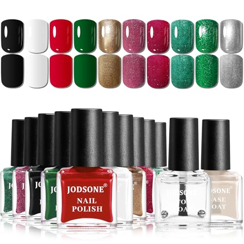 JODSONE Set de 12 Pintauñas Navidad con Base y Top Coat   Esmaltes de Uñas Brillos Rojo, Verde, Dorado y Plata   Esmalte de Uñas Secado Rápido   Kit Manicura Regalo