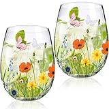Sliner 2 Pack 17oz Wildflower Stemless Wine Glasses Floral Butterfly Drinking Glasses Spring Flowers Tumbler Cups for Graduation Wedding Mother's Day Birthday Drinking Party Favors