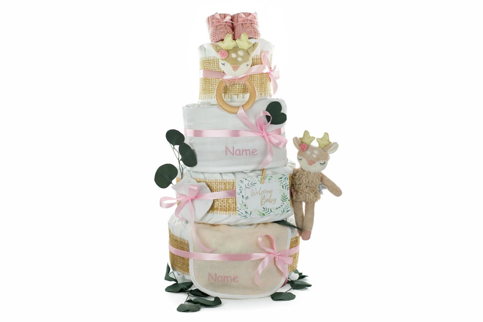 Torta di pannolini per bambine | Grifling e peluche cervo Ella, body e baby boties, personalizzabile (4 piani, stampato)