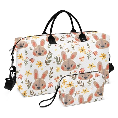 Weekender Bags Travel Duffel Gym Bag Rabbit Flower Leaves Carry on Overnight Tote Bag with Toiletry Bag for Airplane Travel Trip Gym Yoga
