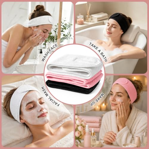 Image of Whaline 3Pcs Spa Facial Headband Make Up Wrap Head Terry Cloth Headband Adjustable Washable Towel for Shower Makeup Face Washing Skincare Facial Treatment Sport Fits (White, Black, Pink)