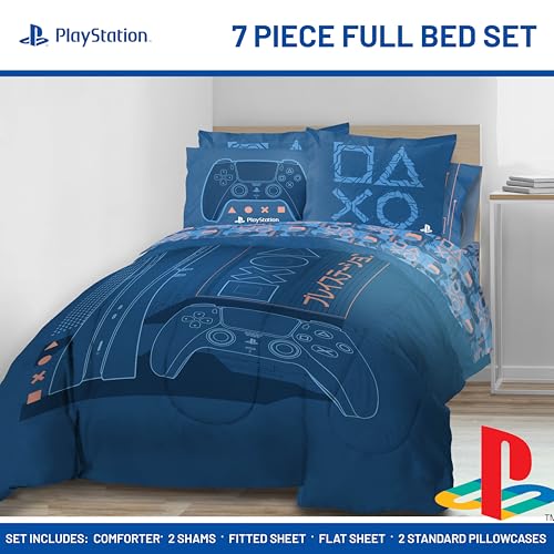 Image of Jay Franco Kids Bed Set, Blue, PlayStation, 7 Piece Full | Cozy Soft Bedding for Stylish Room Decor with Comforter, Sheets & Pillow Covers