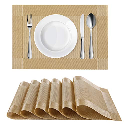 Homaxy Placemats for Dining Table Set of 6 - Washable Vinyl Woven Insulation Heat Resistant Kitchen Table Mats, 18 x 12 Inches, Gold Homaxy Placemats for Dining Table Set of 6 - Washable Vinyl Woven Insulation Heat Resistant Kitchen Table Mats, 18 x 12 Inches, Gold
