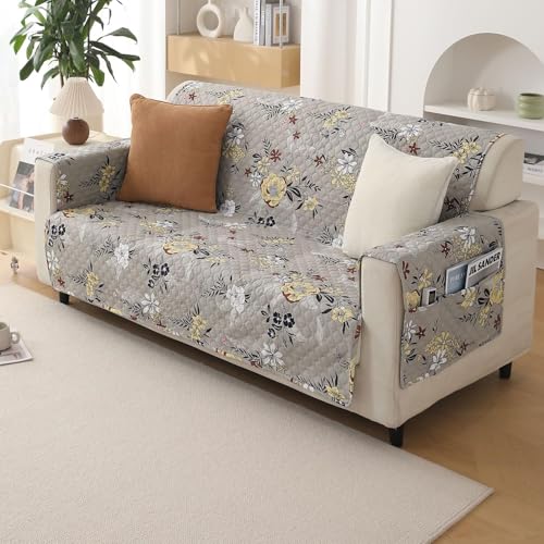 Image of HOKIPO 'VivaCasa Series' Polyester 2 Seater Quilted Sofa Cover with Pockets, Floral Ash Grey (NEW2-IN-739-D3)