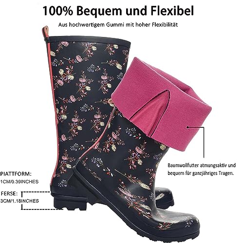 GUGUMIMI Damen Gummistiefel Wasserdicht, Hohe Weitschaft-Regenstiefel, Rutschsicher & Komfortabel für Regentage und Garten, Rosa Blumen, 38 EU