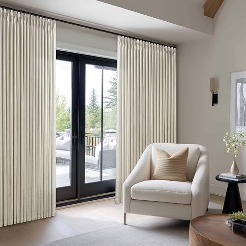 Image of 100 Inch Wide Pinch Pleated Extra Wide Curtain Panels 90 Inch Long | Thick Linen, Patio Sliding Glass Door, Hooks Rings, Semi Sheer, Privacy, Living Room, 100x90, 1 Panel, Oatmeal, Beige