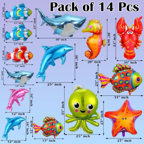 Image of Rozi Decoration Under the Sea Foil Balloons Set - 14 Pcs Ocean Theme Party Decorations | Shark, Dolphin, Octopus, Seahorse, Starfish & Fish Balloons | Birthday, Baby Shower, Kids Pool Party Supplies