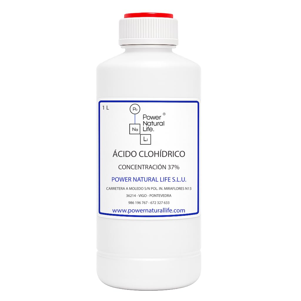 Ácido Clorhídrico al 37% Líquido | Power Natural Life | Botella 1 l | Uso Técnico e Industrial | Reactivo Químico | Solución Concentrada de HCl