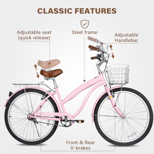 Image of WEIZE Beach Cruiser Bike, 24 26 inch Commuter Bicycle for Adult Men and Women, Front & Rear Fenders, Comfortable City Bikes with Rear Rack&Basket, Ergonomic Upright Design