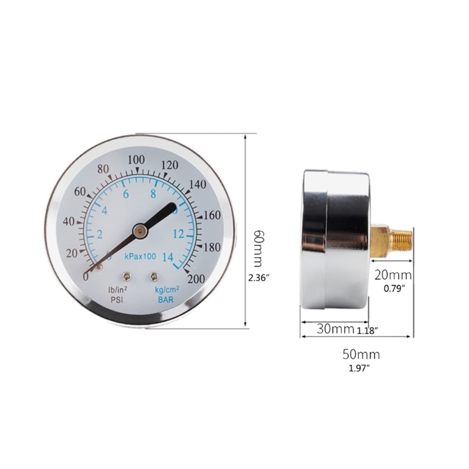 Manómetro de Metal de Doble Escala de 0-200psi/0-14bar, medidor de presión NPT de 1/8 ", medidor de presión de Esfera de Aceite de Agua y Aire de Rosca