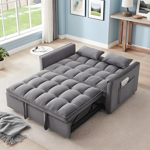 LINKHOO 3-in-1 Convertible Sofa Bed, Pull-Out Sleeper Bed with Adjustable Backrest & Two Arm Storage Pocket, Velvet Futon Couches, Loveseat, Dark Gray